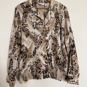 Alfred Dunner Tan Brown Animal Print Button Down Long Sleeve Top Womens‎ 16